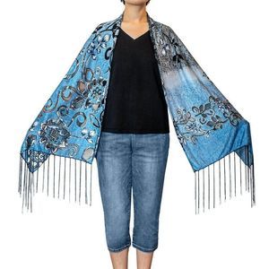 Teal Blue with Silver Black Floral Tassel Fringe Accent Shawl